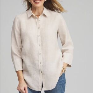 Chicos Beige No Iron™ Linen 3/4 Sleeve button down Shirt Size 12